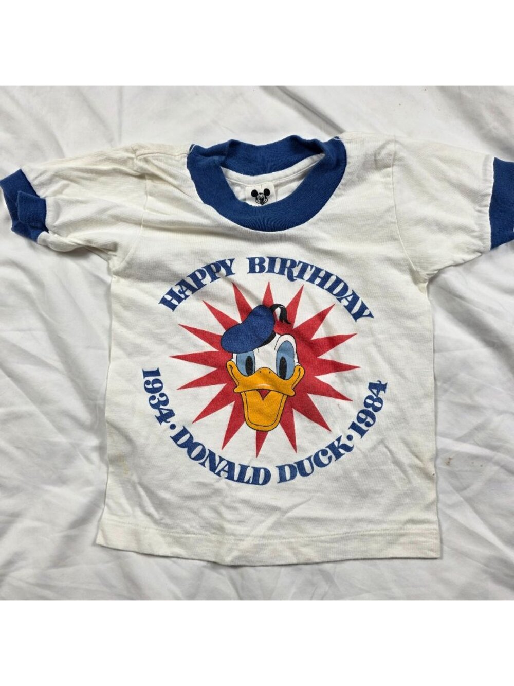 Walt Disney Donald Duck Vintage 50th Birthday Ringer Tee Kids Small White Blue